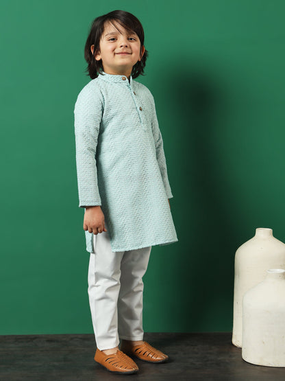 Boys Straight Style Cotton Fabric Sea Green Color Chikankari Kurta And Pyjama