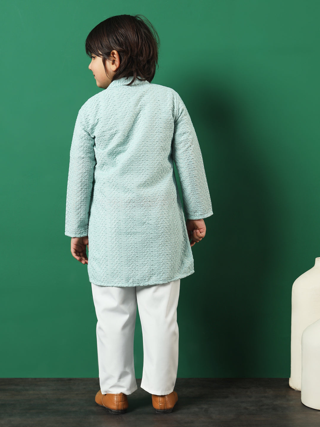 Boys Straight Style Cotton Fabric Sea Green Color Chikankari Kurta And Pyjama