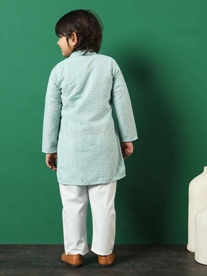 Boys Straight Style Cotton Fabric Sea Green Color Chikankari Kurta And Pyjama