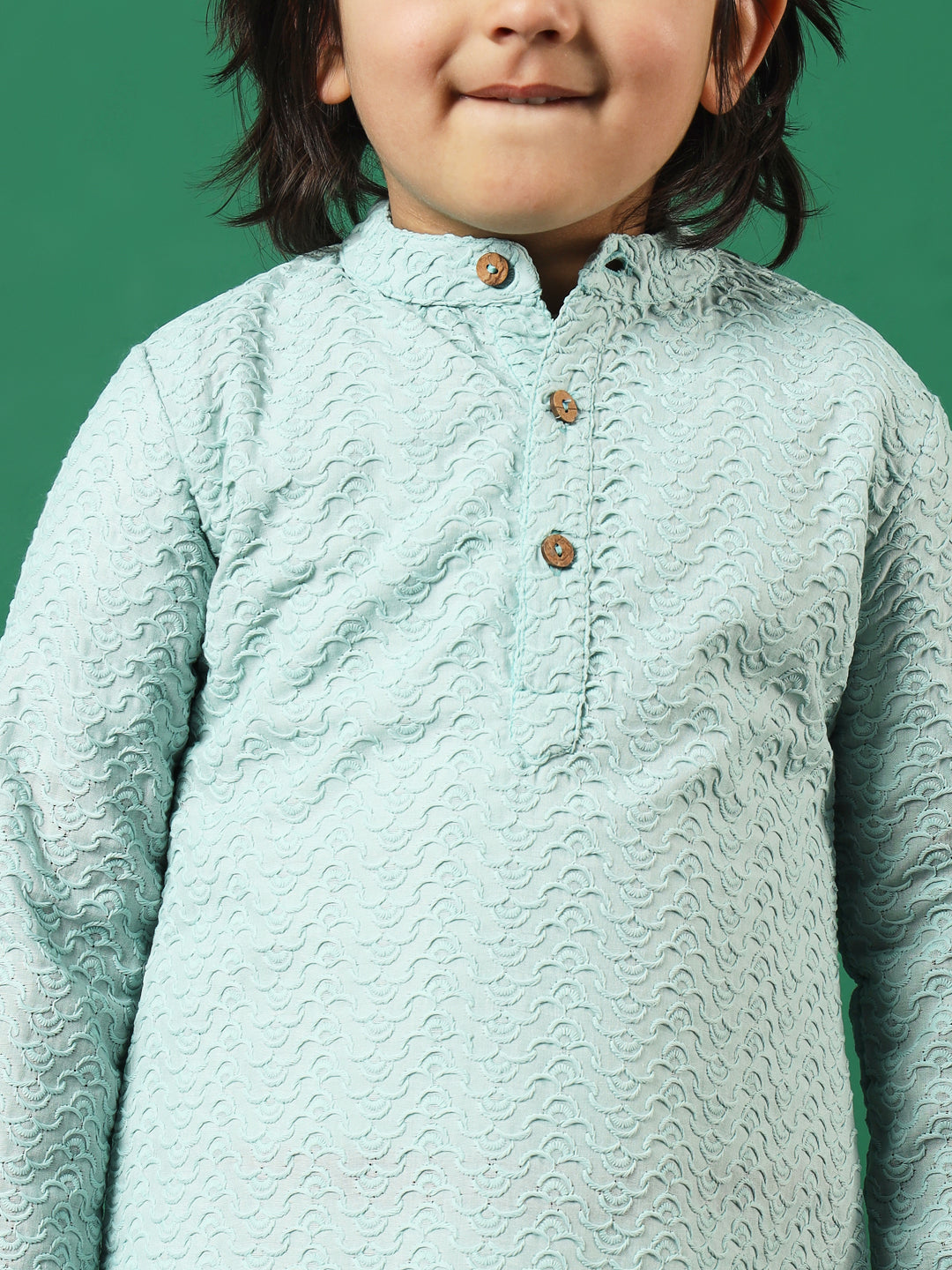 Boys Straight Style Cotton Fabric Sea Green Color Chikankari Kurta And Pyjama