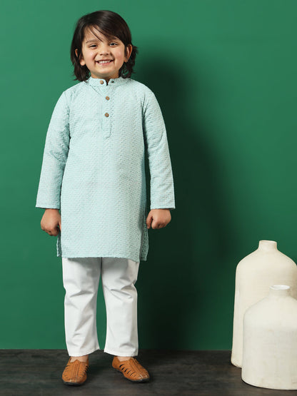 Boys Straight Style Cotton Fabric Sea Green Color Chikankari Kurta And Pyjama