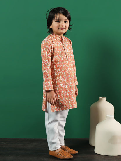 Boys Straight Style Cotton Fabric Rust Color Chikankari Kurta And Pyjama