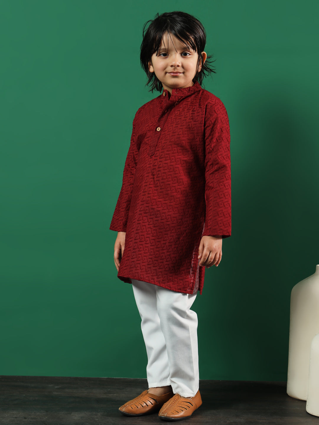 Boys Straight Style Cotton Fabric Maroon Color Chikankari Kurta And Pyjama
