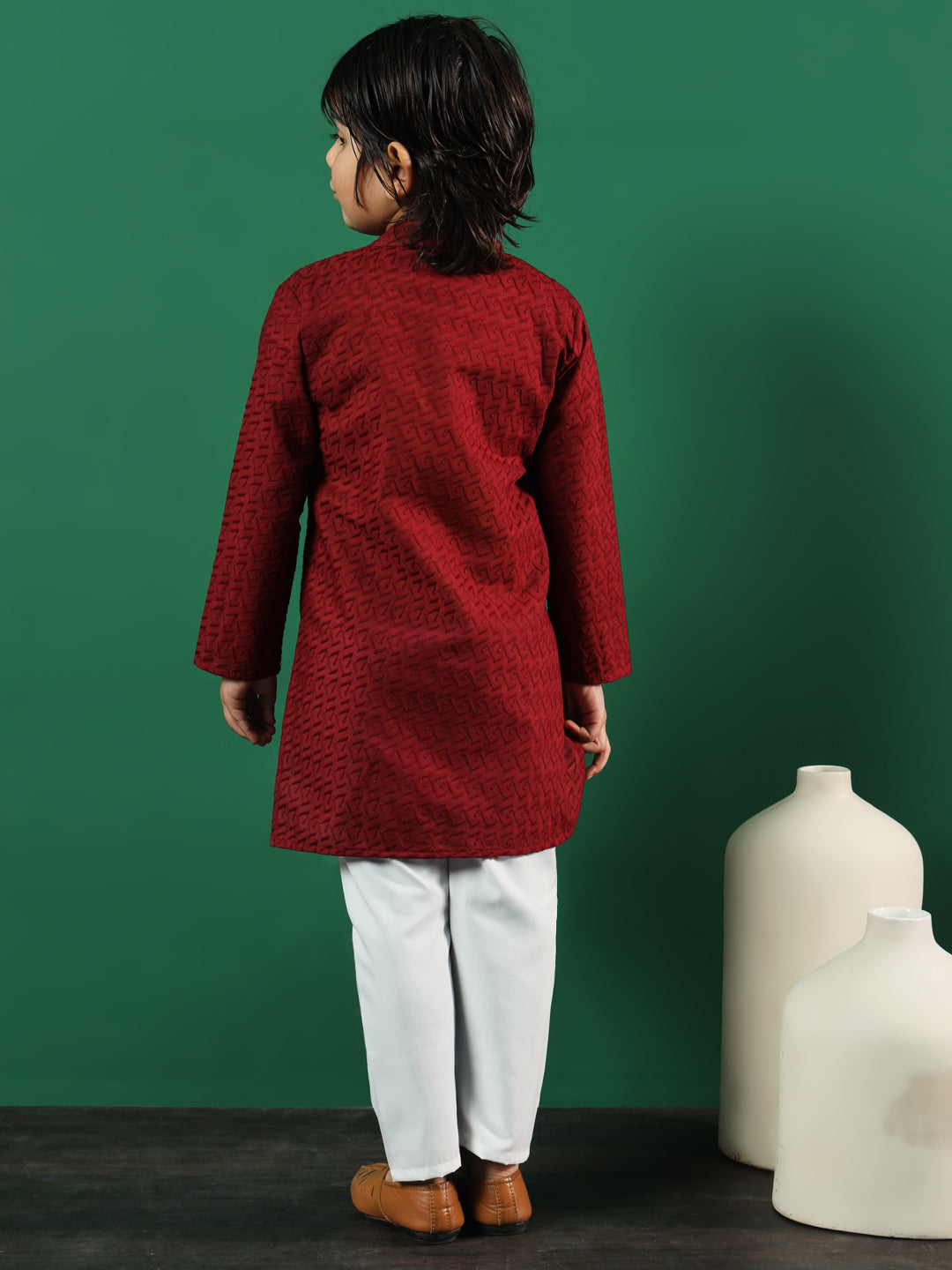 Boys Straight Style Cotton Fabric Maroon Color Chikankari Kurta And Pyjama