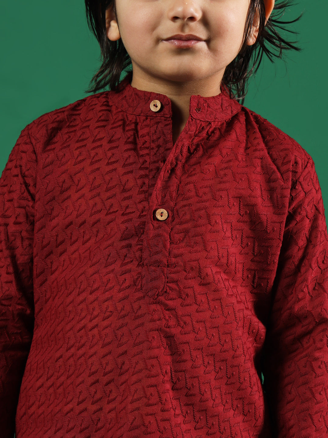 Boys Straight Style Cotton Fabric Maroon Color Chikankari Kurta And Pyjama