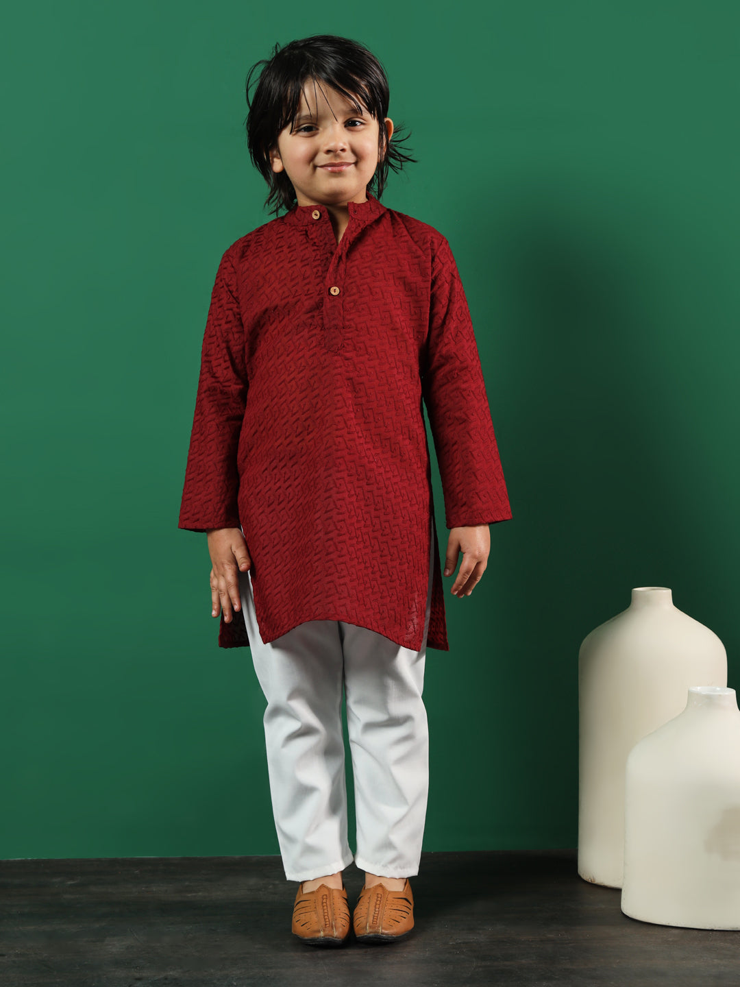 Boys Straight Style Cotton Fabric Maroon Color Chikankari Kurta And Pyjama
