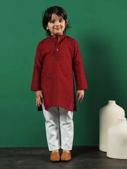 Boys Straight Style Cotton Fabric Maroon Color Chikankari Kurta And Pyjama