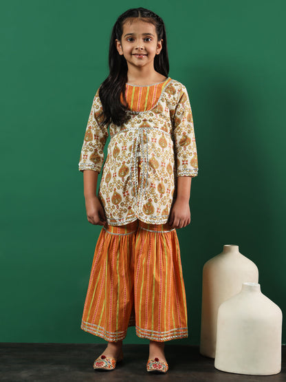 A-Line Style Cotton Fabric Off White Color Printed Kurti And Sharara With Gotta Lace Work