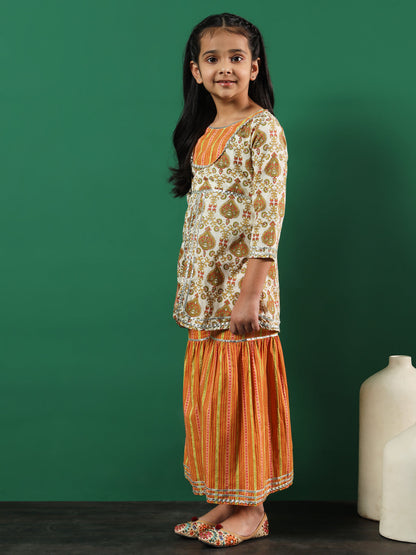 A-Line Style Cotton Fabric Off White Color Printed Kurti And Sharara With Gotta Lace Work