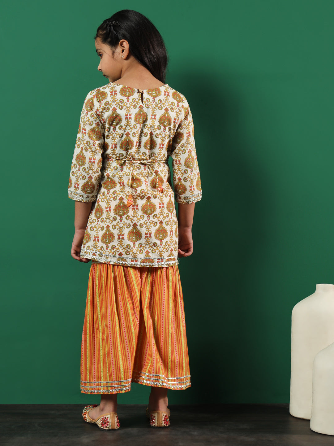 A-Line Style Cotton Fabric Off White Color Printed Kurti And Sharara With Gotta Lace Work