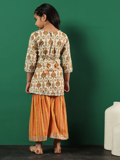 A-Line Style Cotton Fabric Off White Color Printed Kurti And Sharara With Gotta Lace Work