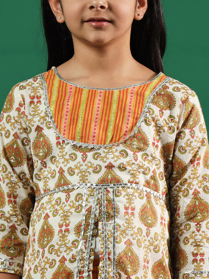 A-Line Style Cotton Fabric Off White Color Printed Kurti And Sharara With Gotta Lace Work