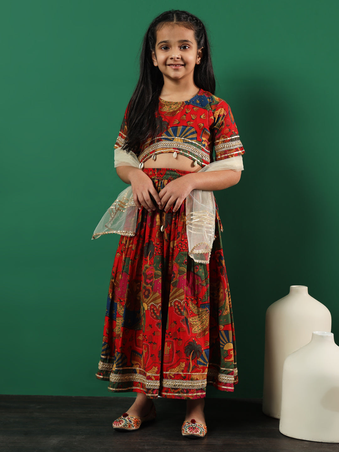 Straight Style Cotton Fabric Red Color Printed Lehenga & Choli With Dupatta In Gotta Lace Work