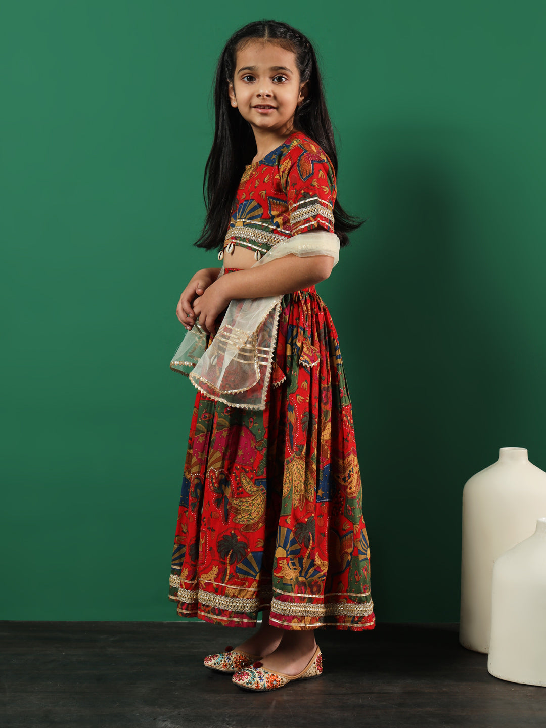 Straight Style Cotton Fabric Red Color Printed Lehenga & Choli With Dupatta In Gotta Lace Work