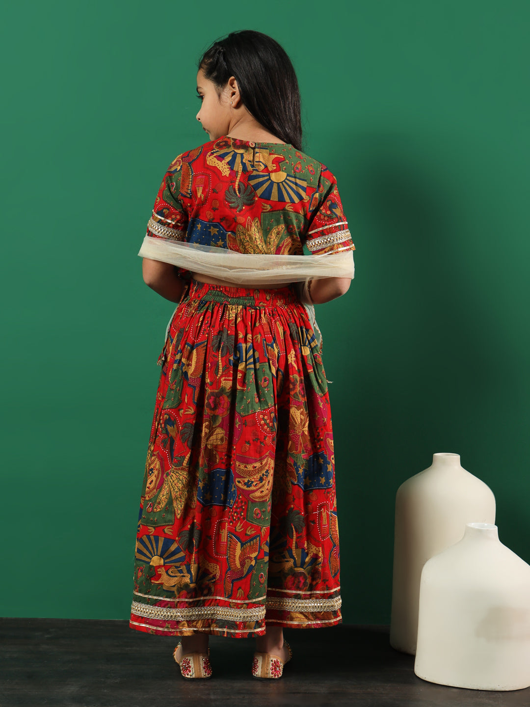 Straight Style Cotton Fabric Red Color Printed Lehenga & Choli With Dupatta In Gotta Lace Work