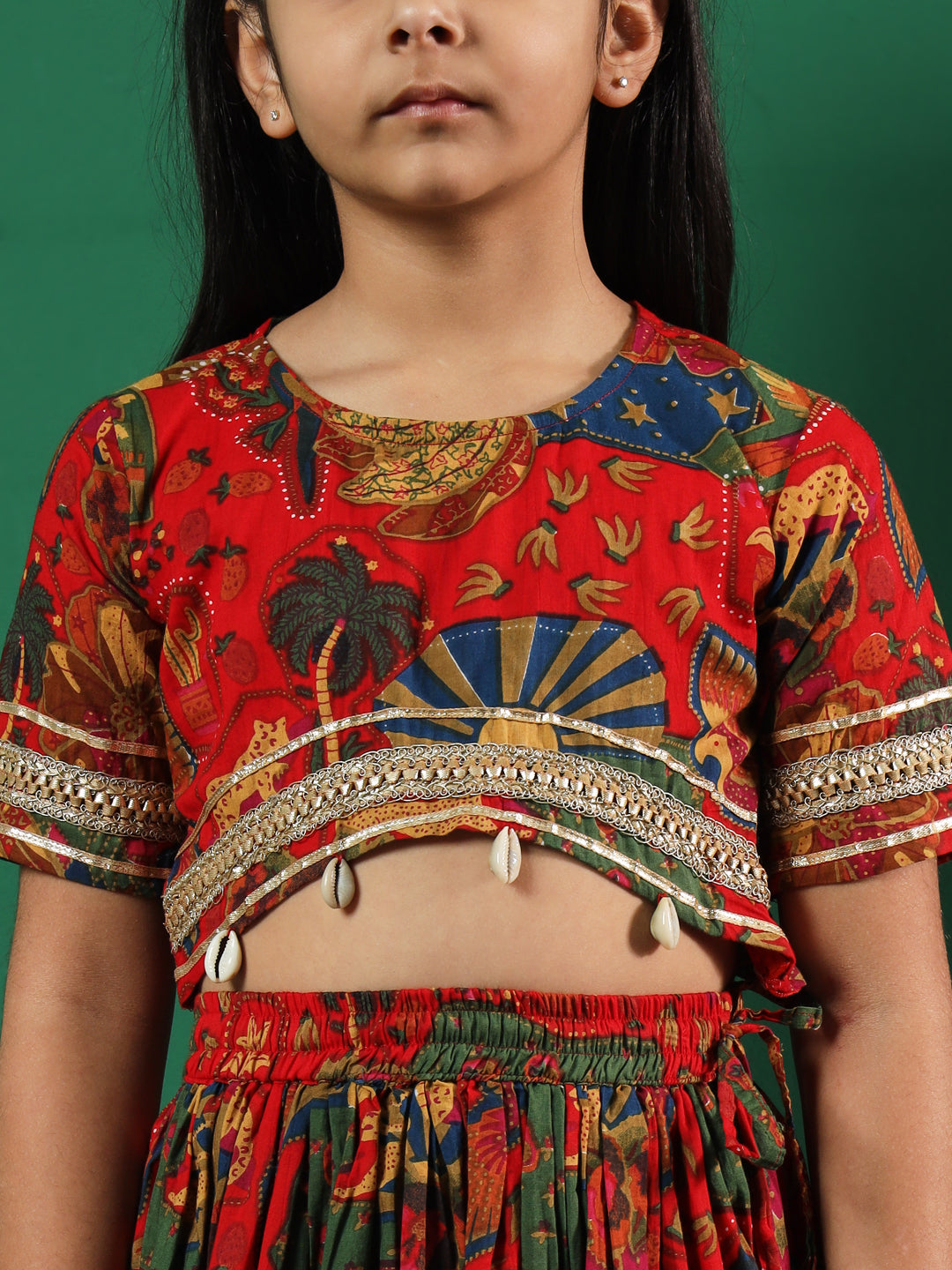 Straight Style Cotton Fabric Red Color Printed Lehenga & Choli With Dupatta In Gotta Lace Work