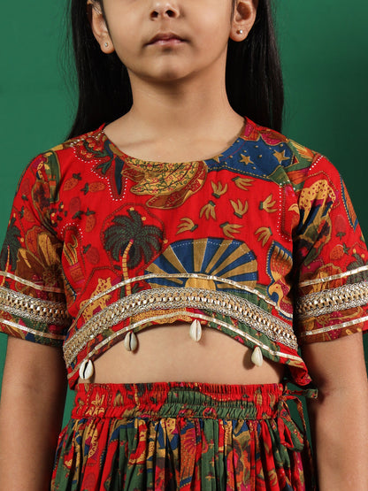 Straight Style Cotton Fabric Red Color Printed Lehenga & Choli With Dupatta In Gotta Lace Work