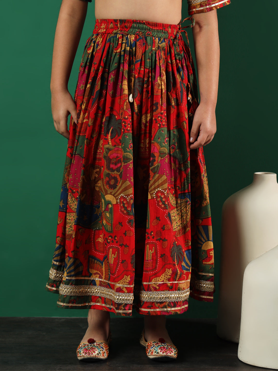 Straight Style Cotton Fabric Red Color Printed Lehenga & Choli With Dupatta In Gotta Lace Work