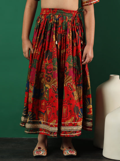 Straight Style Cotton Fabric Red Color Printed Lehenga & Choli With Dupatta In Gotta Lace Work