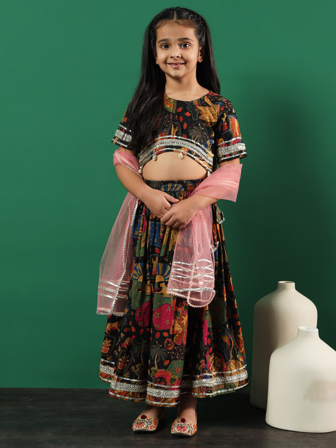 Straight Style Cotton Fabric Black Color Printed Lehenga & Choli With Dupatta In Gotta Lace Work