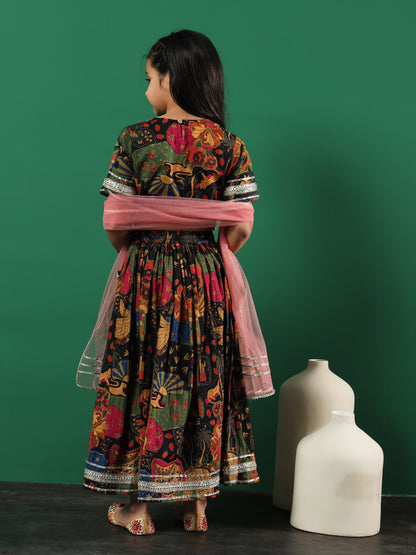 Straight Style Cotton Fabric Black Color Printed Lehenga & Choli With Dupatta In Gotta Lace Work