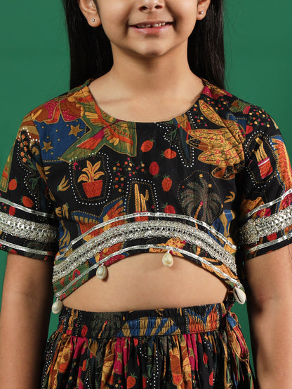Straight Style Cotton Fabric Black Color Printed Lehenga & Choli With Dupatta In Gotta Lace Work