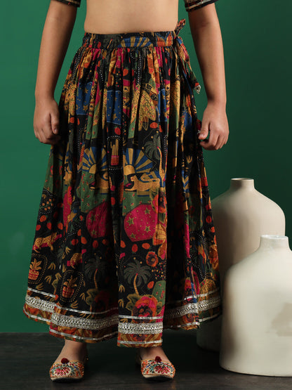 Straight Style Cotton Fabric Black Color Printed Lehenga & Choli With Dupatta In Gotta Lace Work
