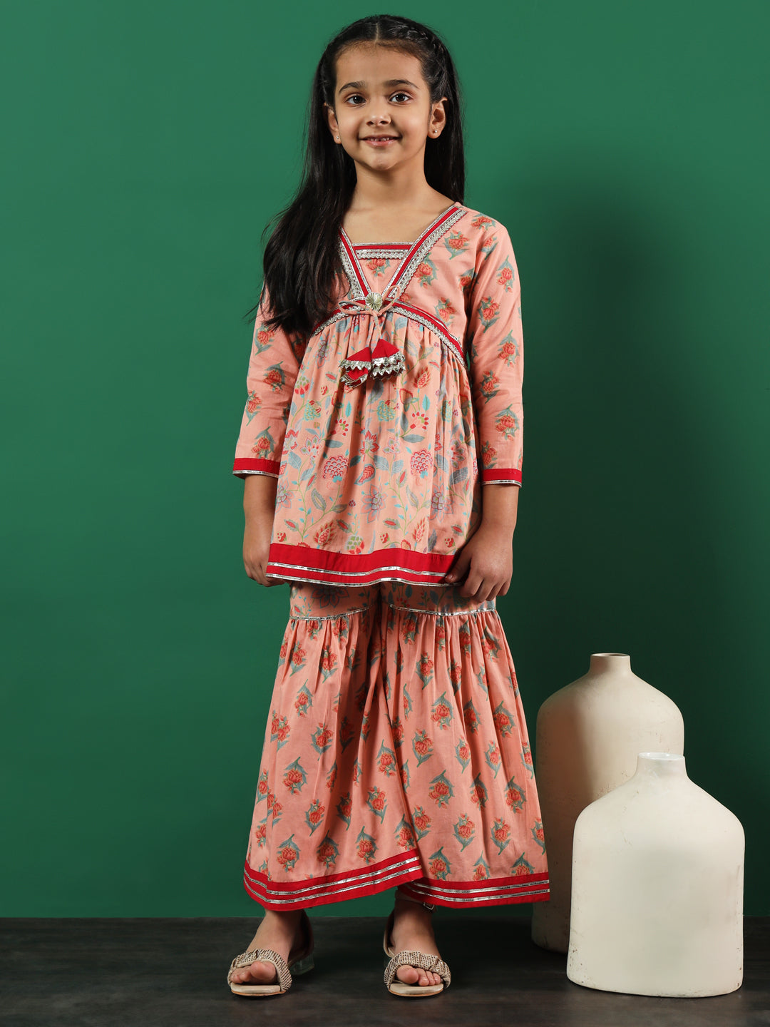 Frock Style Cotton Fabric Peach Color Floral Printed Kurti And Sharara With Gotta Lace Work