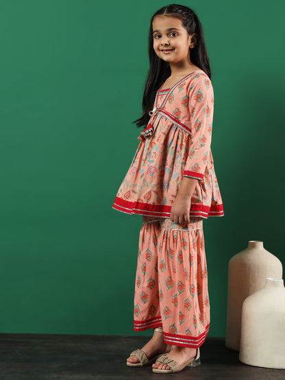 Frock Style Cotton Fabric Peach Color Floral Printed Kurti And Sharara With Gotta Lace Work