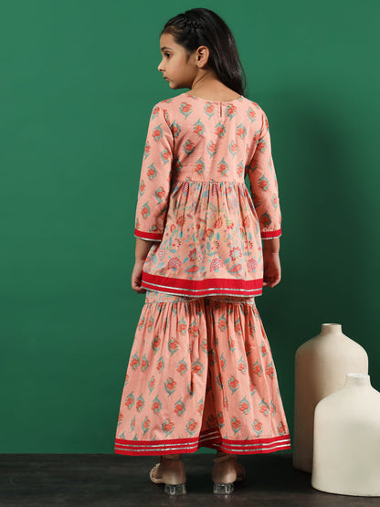 Frock Style Cotton Fabric Peach Color Floral Printed Kurti And Sharara With Gotta Lace Work