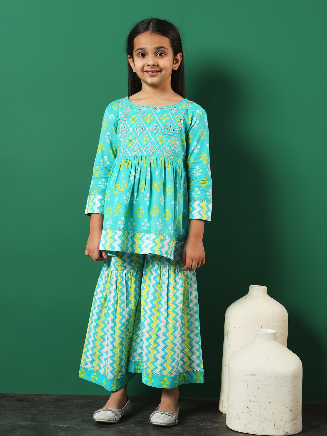 Frock Style Cotton Fabric Turquoise Blue Color Printed Kurti And Sharara With Gotta Lace Work