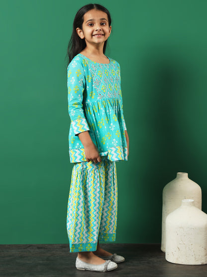 Frock Style Cotton Fabric Turquoise Blue Color Printed Kurti And Sharara With Gotta Lace Work