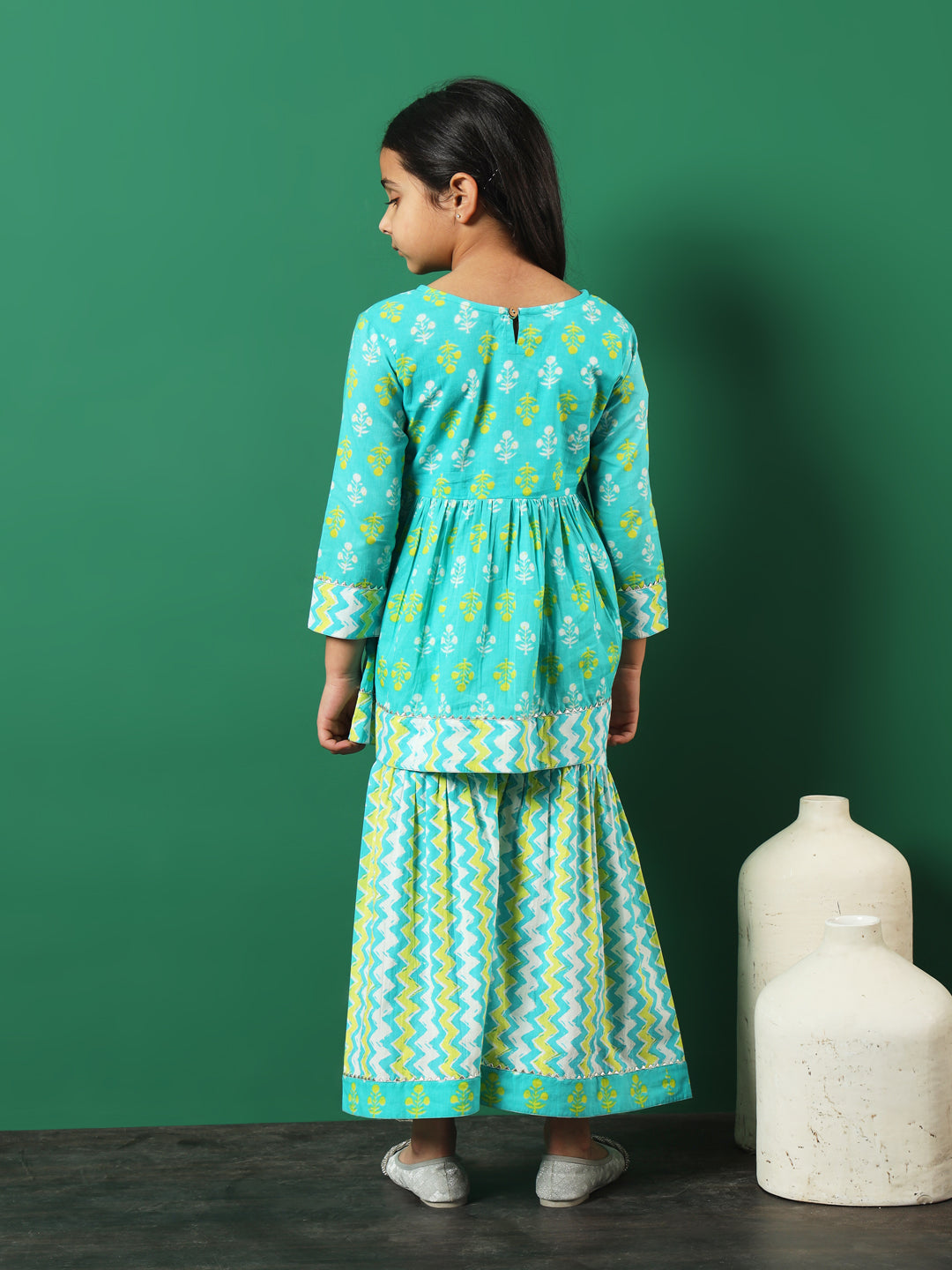 Frock Style Cotton Fabric Turquoise Blue Color Printed Kurti And Sharara With Gotta Lace Work