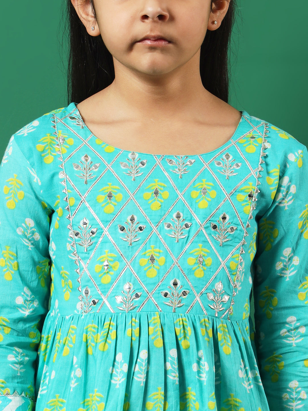 Frock Style Cotton Fabric Turquoise Blue Color Printed Kurti And Sharara With Gotta Lace Work