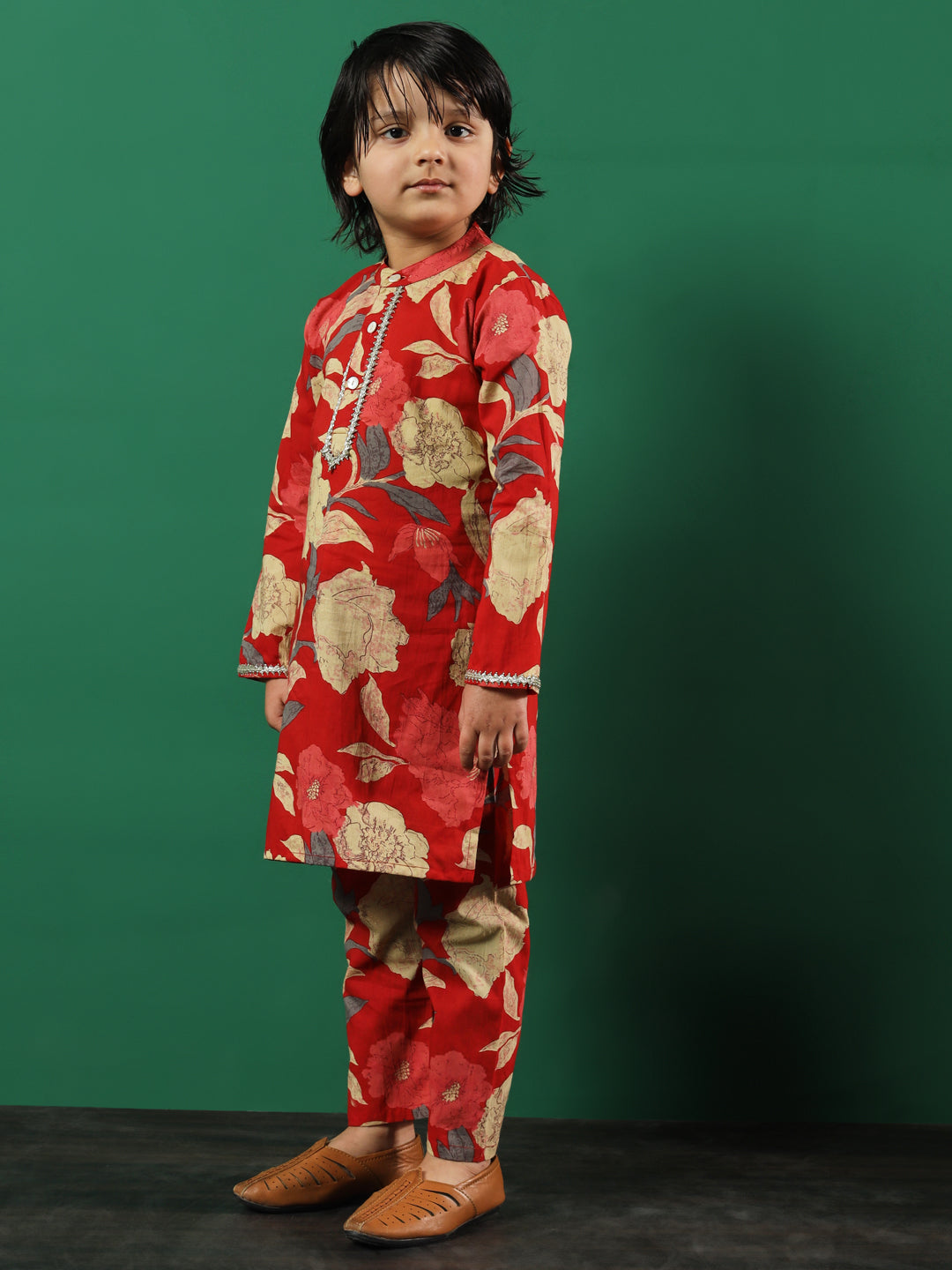 Boys Straight Style Cotton Fabric Red Color Floral Printed Kurta And Pyjama
