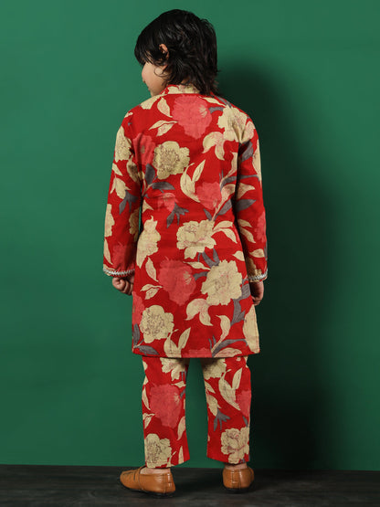 Boys Straight Style Cotton Fabric Red Color Floral Printed Kurta And Pyjama