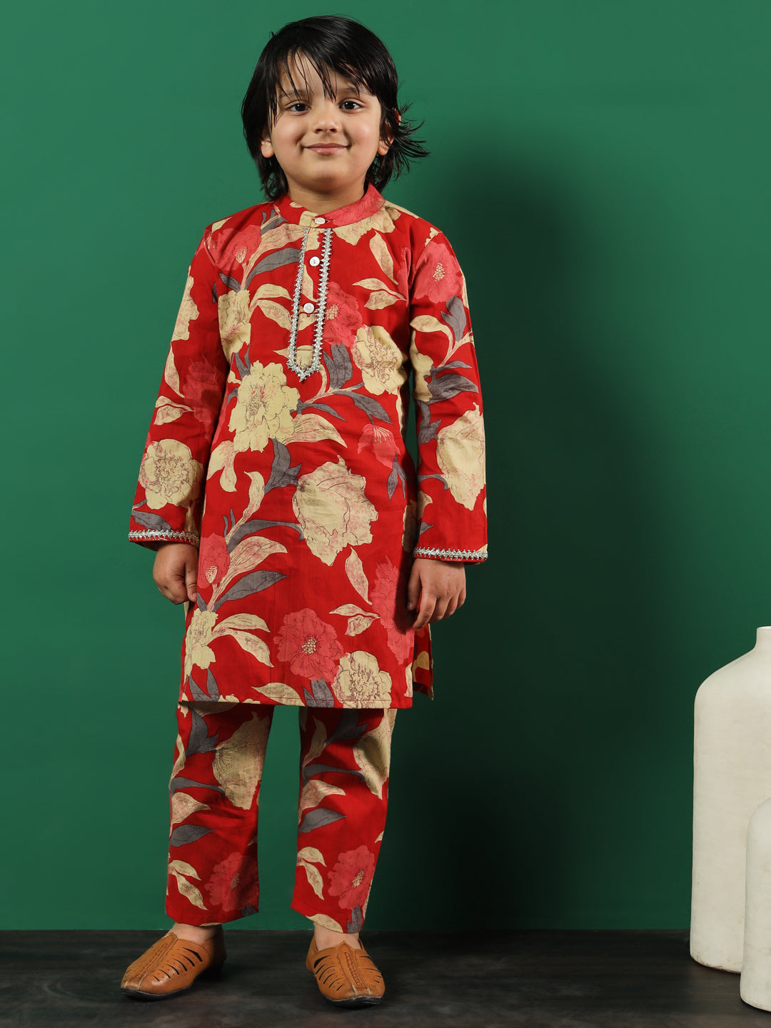 Boys Straight Style Cotton Fabric Red Color Floral Printed Kurta And Pyjama