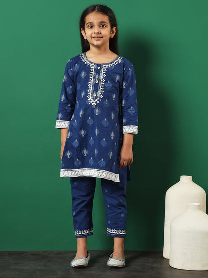 Straight Style Cotton Fabric Blue Color Embroidered Kurti And Palazzo With Lace Work