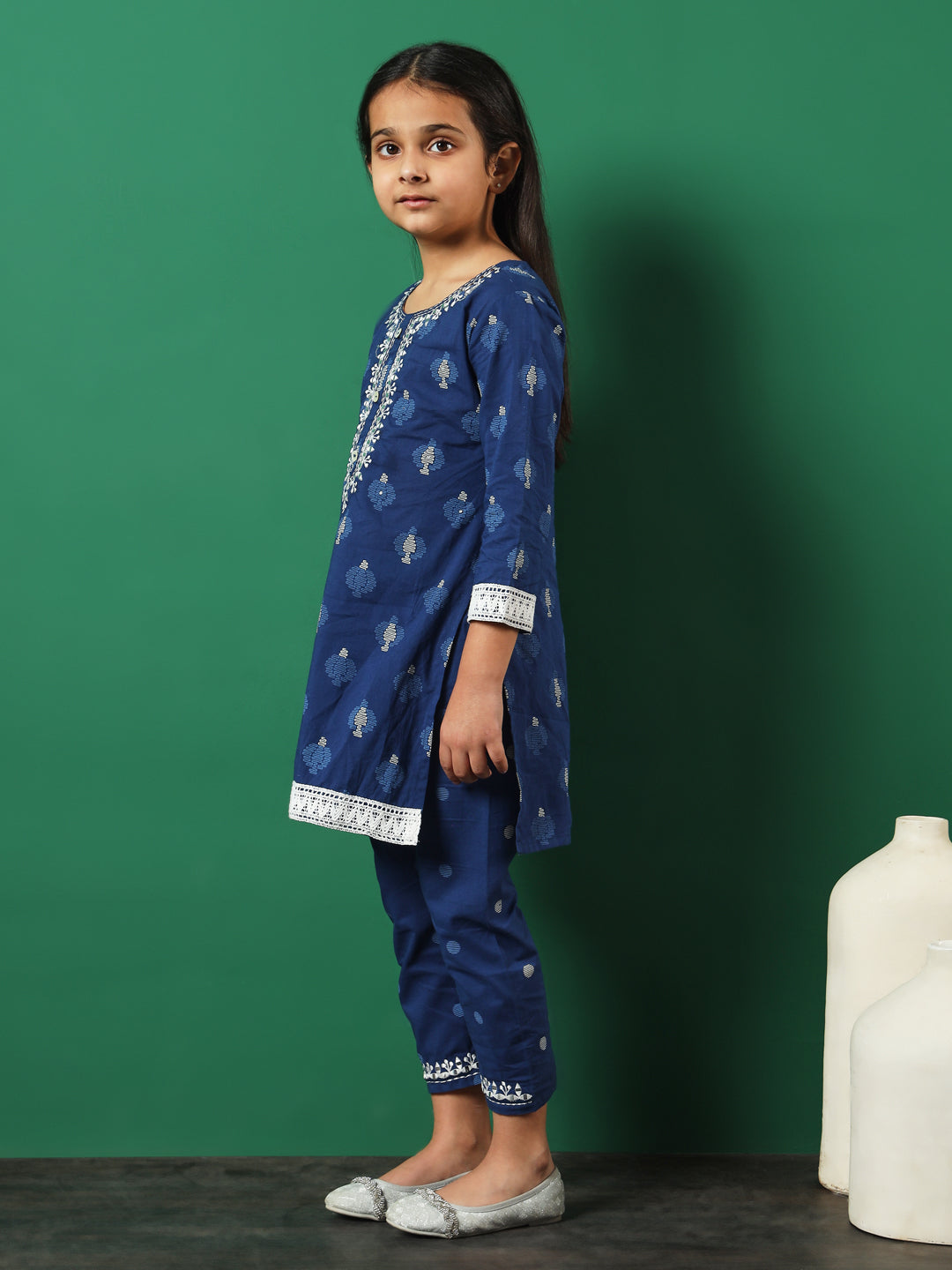 Straight Style Cotton Fabric Blue Color Embroidered Kurti And Palazzo With Lace Work