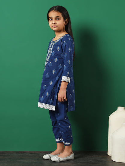 Straight Style Cotton Fabric Blue Color Embroidered Kurti And Palazzo With Lace Work