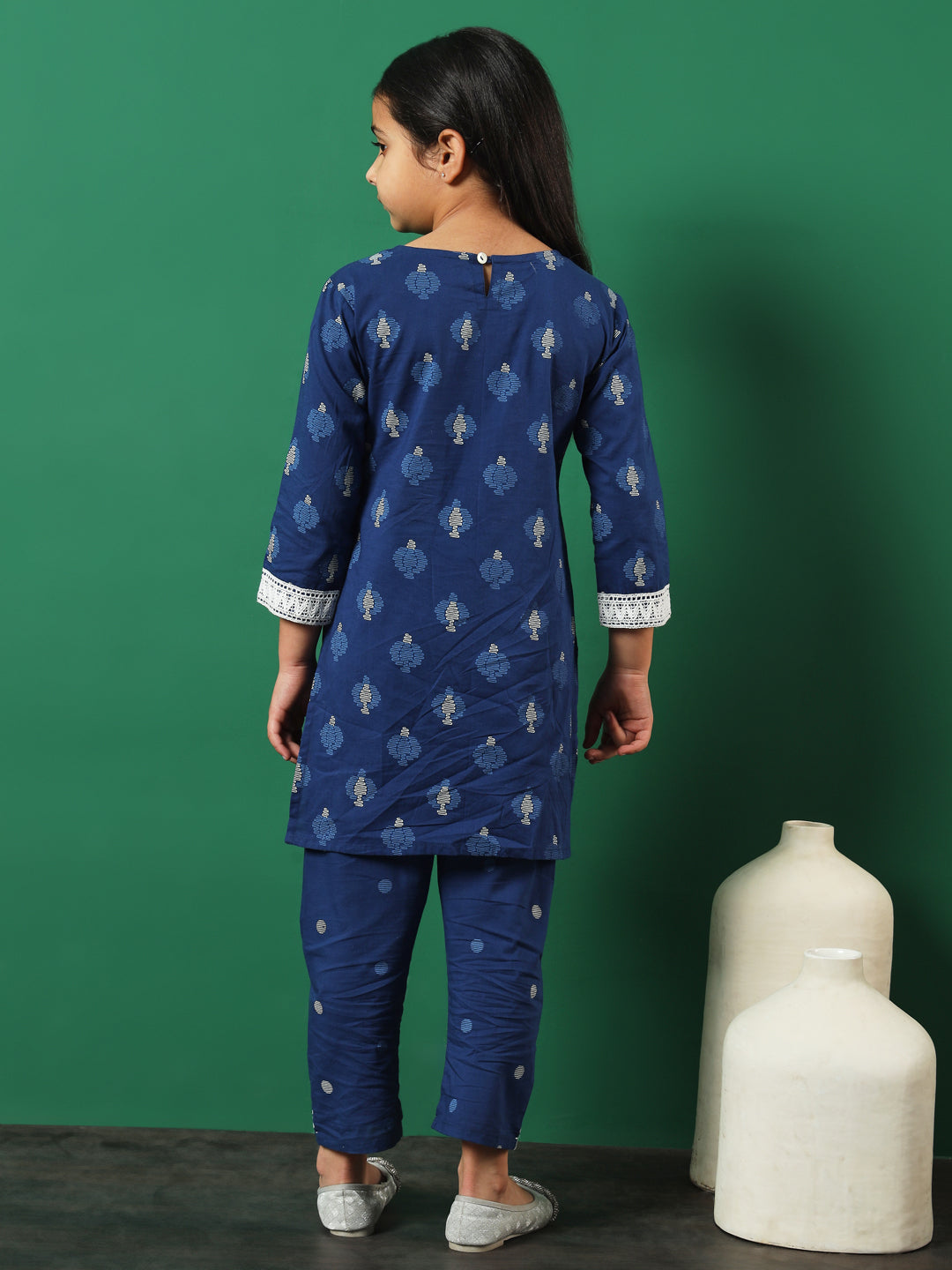 Straight Style Cotton Fabric Blue Color Embroidered Kurti And Palazzo With Lace Work