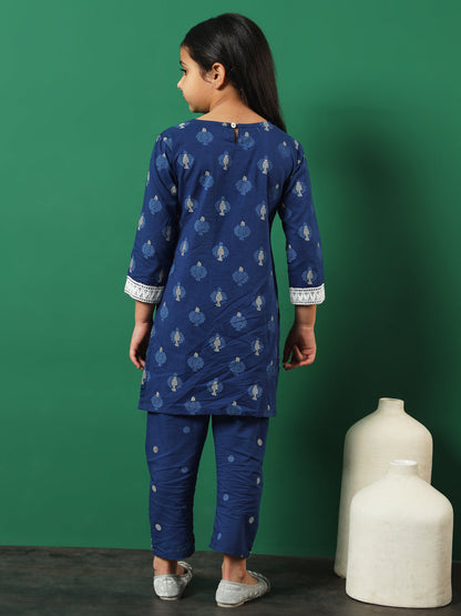 Straight Style Cotton Fabric Blue Color Embroidered Kurti And Palazzo With Lace Work