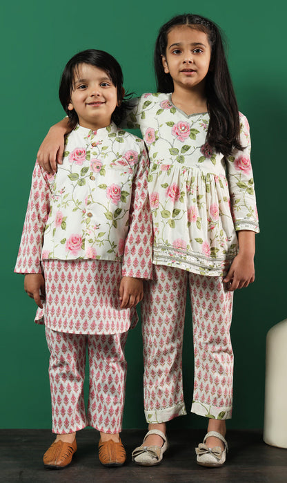 Girls Frock Style Cotton Fabric Pink Color Floral Printed Kurti And Palazzo With Gotta Lace Work