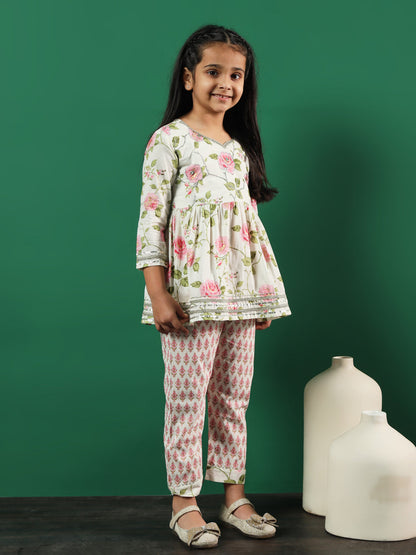 Girls Frock Style Cotton Fabric Pink Color Floral Printed Kurti And Palazzo With Gotta Lace Work