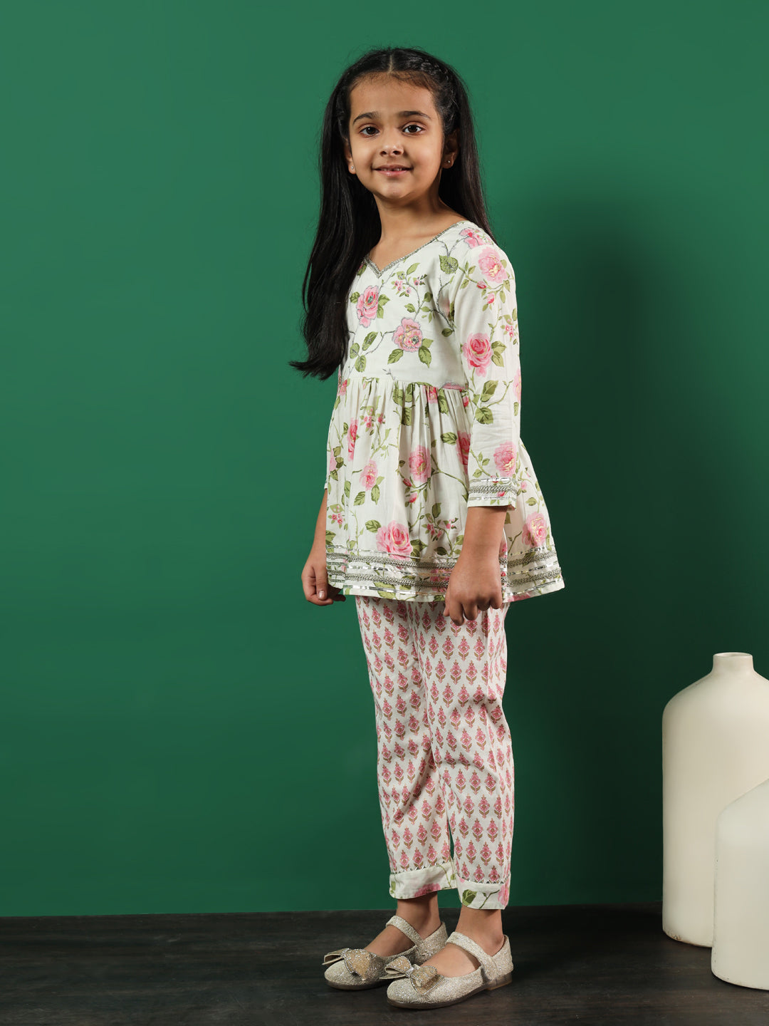 Girls Frock Style Cotton Fabric Pink Color Floral Printed Kurti And Palazzo With Gotta Lace Work
