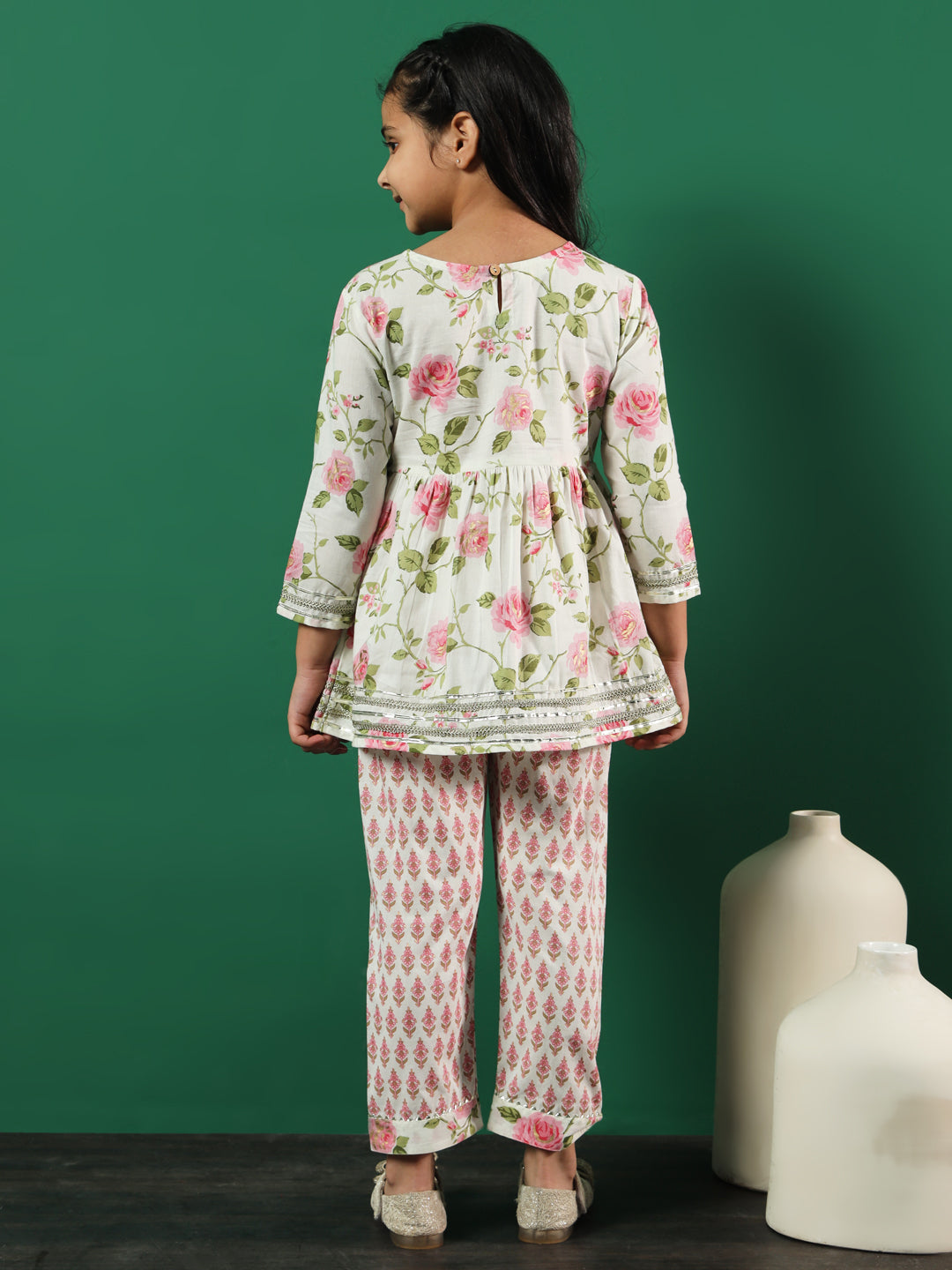 Girls Frock Style Cotton Fabric Pink Color Floral Printed Kurti And Palazzo With Gotta Lace Work