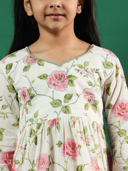 Girls Frock Style Cotton Fabric Pink Color Floral Printed Kurti And Palazzo With Gotta Lace Work