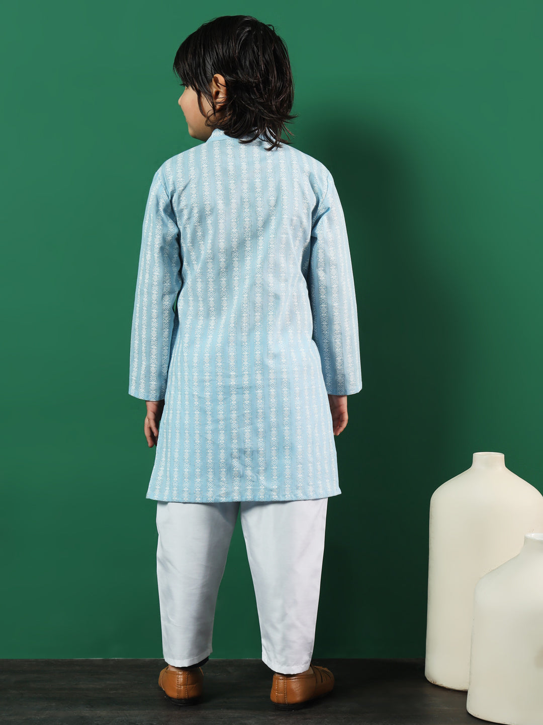 Boys Straight Style Cotton Fabric Grey Color Printed Kurta And Pyjama With Jacket