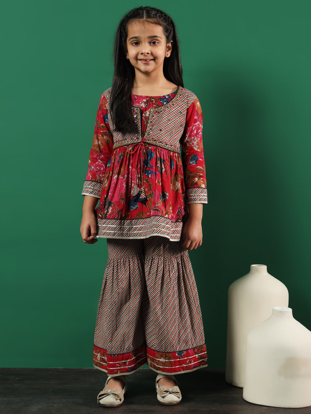 Frock Style Cotton Fabric Pink Color Printed Kurti And Sharara With Cut Dana, Gotta Work