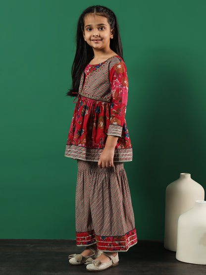 Frock Style Cotton Fabric Pink Color Printed Kurti And Sharara With Cut Dana, Gotta Work
